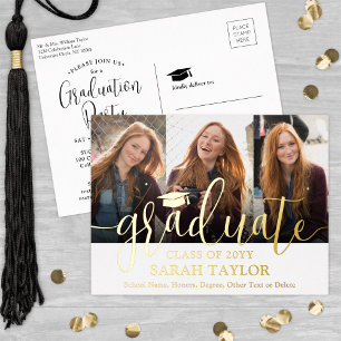 Carte Postale D'invitation À Feuilles D'aluminium Graduation Party White 3 Photo Script moderne