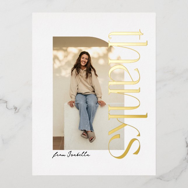 Carte Postale D'invitation À Feuilles D'aluminium Gras moderne une photo or graduation merci (Recto)