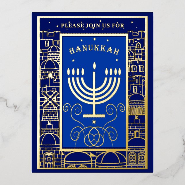 Carte Postale D'invitation À Feuilles D'aluminium Happy Hanukkah Beautiful Jewish Holiday Menorah (Recto)