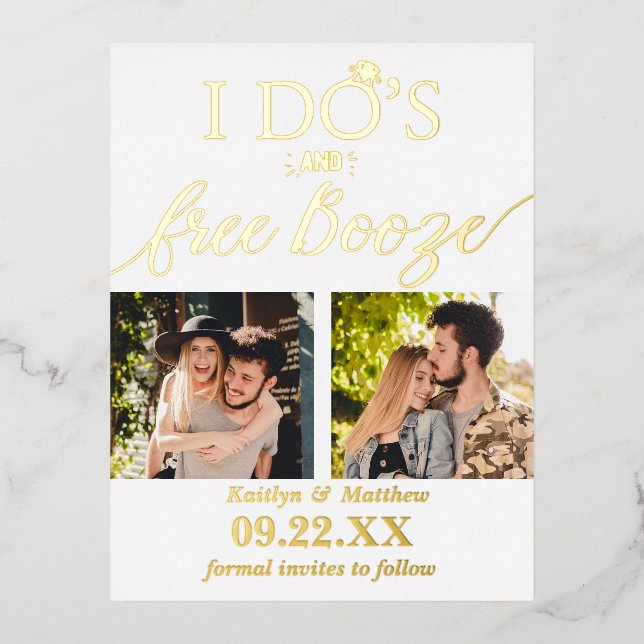 Carte Postale D'invitation À Feuilles D'aluminium I Do's & Free Booze Modern Wedding Enregistrer la  (Recto)