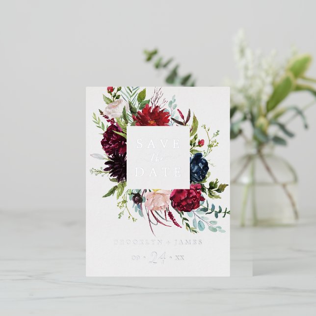 Carte Postale D'invitation À Feuilles D'aluminium Jardin d'automne | Mariage à l'huile d'argent Enre (Debout devant)