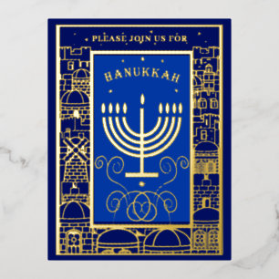 Carte Postale D'invitation À Feuilles D'aluminium Joyeux Hanukkah Belle fête juive Menorah