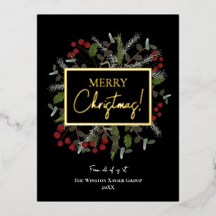 Carte Postale D'invitation À Feuilles D'aluminium Joyeux or doré Joyeux couronne de Noël Nom de la s