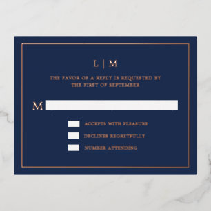 Carte Postale D'invitation À Feuilles D'aluminium Lauren Navy Blue Monogramme Mariage élégant