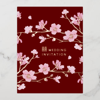 Carte Postale D'invitation À Feuilles D'aluminium Luxury Cherry Blossom Personalised Gold