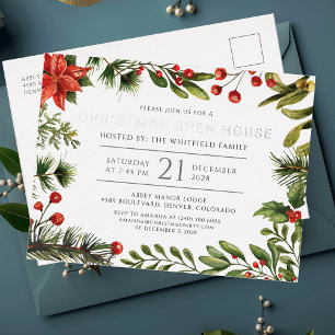 Carte Postale D'invitation À Feuilles D'aluminium Maison ouverte de Noël Botanique Argent