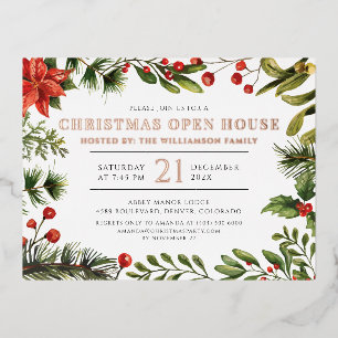 Carte Postale D'invitation À Feuilles D'aluminium Maison ouverte pour les fêtes de Noël Rose Gold Bo