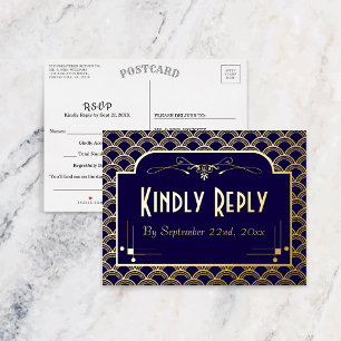 Carte Postale D'invitation À Feuilles D'aluminium Mariage Art Déco des années 1920 vintage RSVP Real