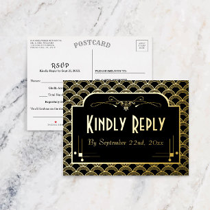 Carte Postale D'invitation À Feuilles D'aluminium Mariage Art Déco des années 1920 vintage RSVP Real