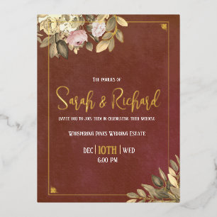 Carte Postale D'invitation À Feuilles D'aluminium Mariage Bohème Luxe Botanique en Terracotta Rustiq