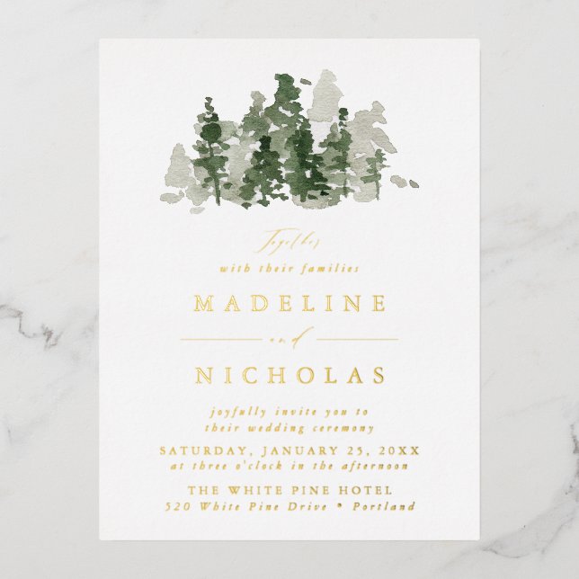 Carte Postale D'invitation À Feuilles D'aluminium Mariage dans une forêt de pins rustique (Recto)