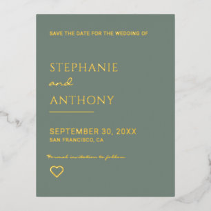 Carte Postale D'invitation À Feuilles D'aluminium Mariage De Coeur Vert Et Or De Sage Minimaliste