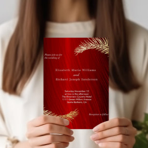 Carte Postale D'invitation À Feuilles D'aluminium Mariage élégant et RSVP Ruby Feuilles d'or rouge