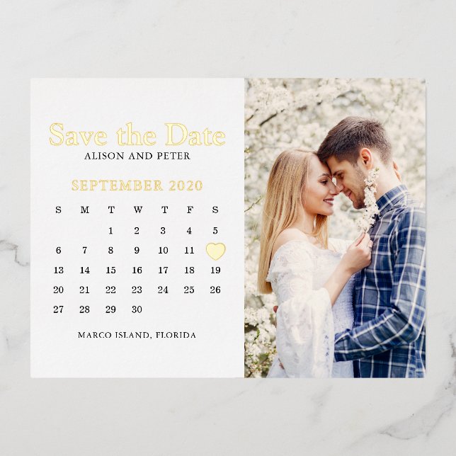 Carte Postale D'invitation À Feuilles D'aluminium Mariage Enregistrer la photo Calendrier Date (Recto)