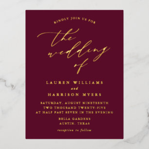 Carte Postale D'invitation À Feuilles D'aluminium Mariage minimaliste calligraphié en bordeaux et or