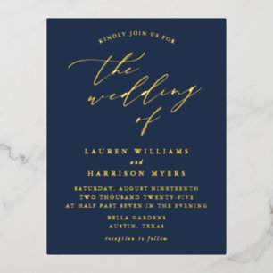 Carte Postale D'invitation À Feuilles D'aluminium Mariage minimaliste de la marine et de la calligra