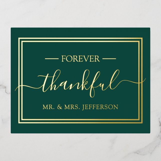Carte Postale D'invitation À Feuilles D'aluminium Mariage moderne Emerald Green M. & Mme Merci (Recto)