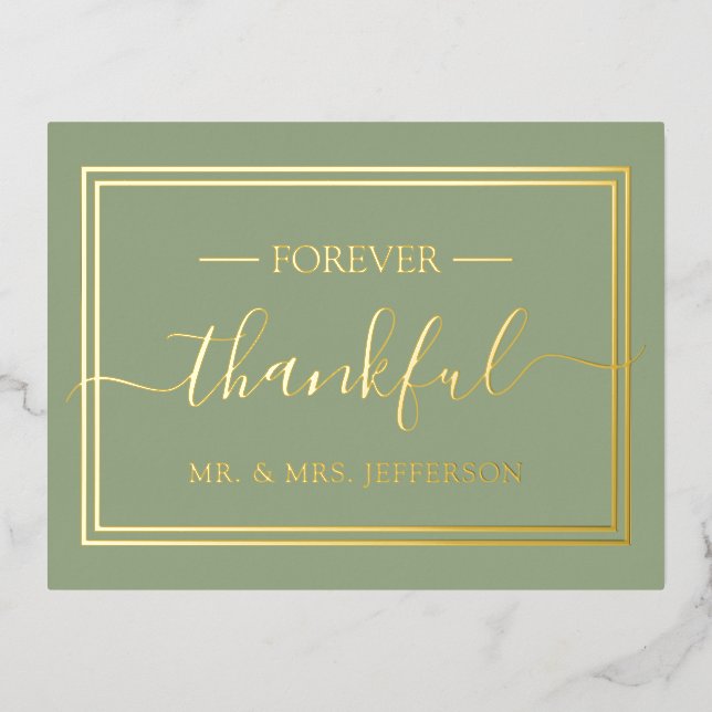 Carte Postale D'invitation À Feuilles D'aluminium Mariage moderne Sage Green M. & Mme Merci (Recto)