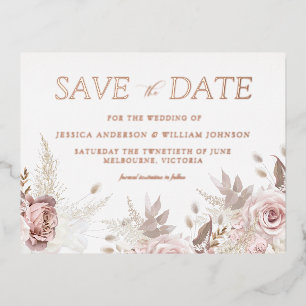 Carte Postale D'invitation À Feuilles D'aluminium Mariage Rose Poussiéreuse Blush Enregistrer La Dat