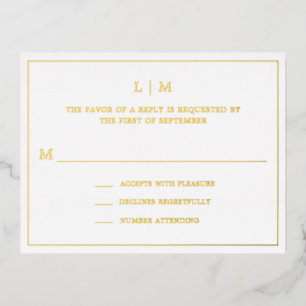 Carte Postale D'invitation À Feuilles D'aluminium Mariage simple Monogramme élégant RSVP