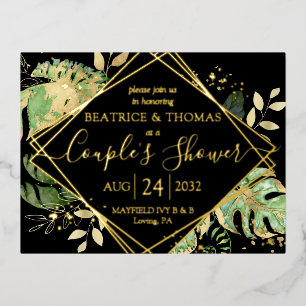 Carte Postale D'invitation À Feuilles D'aluminium Mariage Tropical Moderne Doré pour Couple