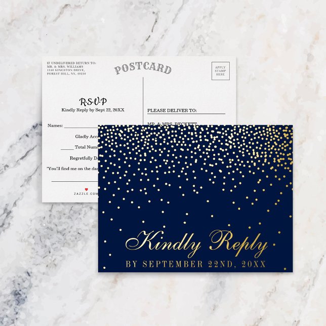 Carte Postale D'invitation À Feuilles D'aluminium Marine Blue & Glam Confetti Mariage RSVP Real (Créateur téléchargé)
