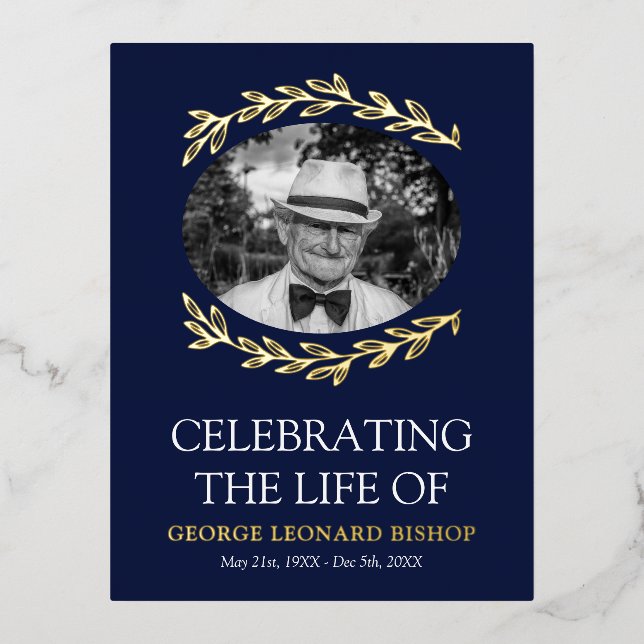 Carte Postale D'invitation À Feuilles D'aluminium Marine Cadre vert Ovale Photo Funérailles Or (Recto)