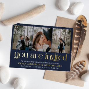 Carte Postale D'invitation À Feuilles D'aluminium Marine Gold Serif 3 Photos Vous Êtes Invité Mariag