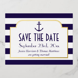 Carte Postale D'invitation À Feuilles D'aluminium Marine Nautique Et Blancs Ancre Enregistrer La Dat