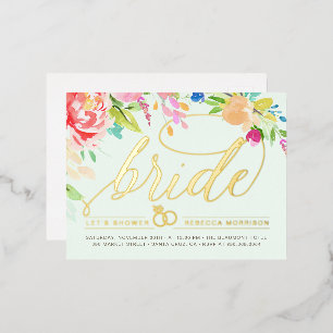 Carte Postale D'invitation À Feuilles D'aluminium Menthe   Roses & Fête des mariées d'anneau diamant