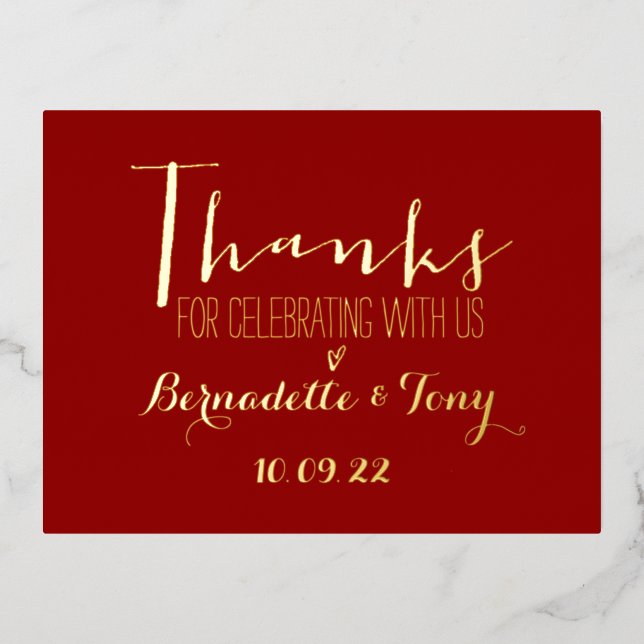 Carte Postale D'invitation À Feuilles D'aluminium Merci D'Avoir Célébré Avec Nous ! Merci mariage (Recto)
