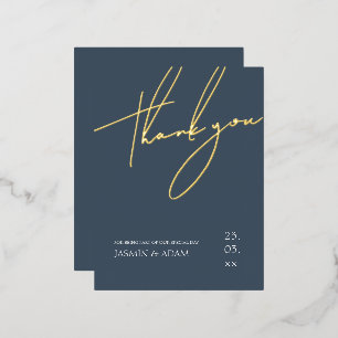 Carte Postale D'invitation À Feuilles D'aluminium Merci de Mariage de script Royal Blue Gold