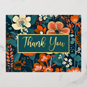 Carte Postale D'invitation À Feuilles D'aluminium Merci floral orange et turquoise