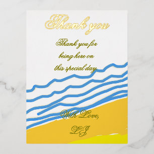 Carte Postale D'invitation À Feuilles D'aluminium Merci LJ Monogram Elegant Beach Wedding
