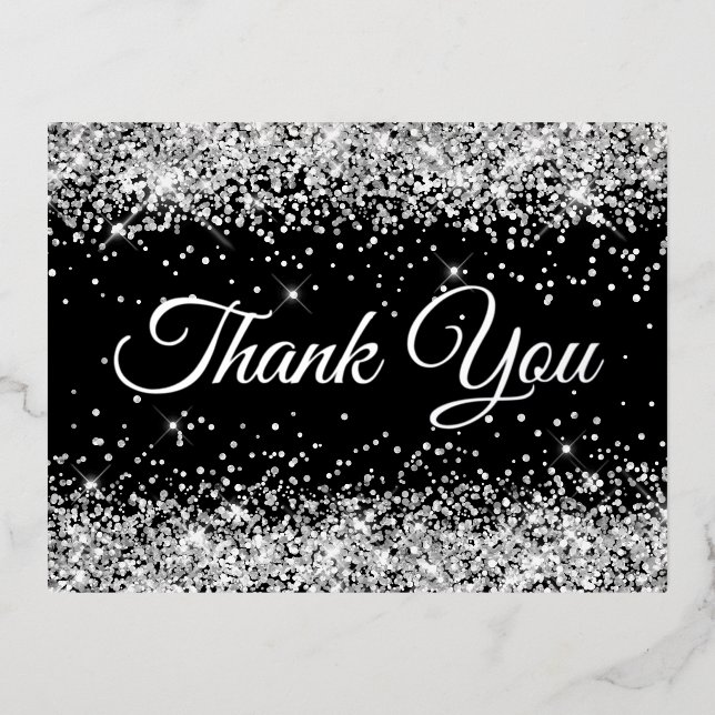 Carte Postale D'invitation À Feuilles D'aluminium Merci pour votre 50e anniversaire de Silver Glitte (Recto)