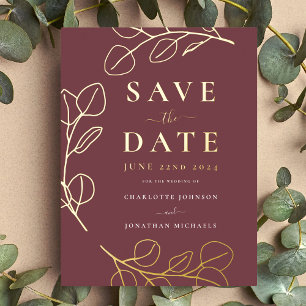 Carte Postale D'invitation À Feuilles D'aluminium Minimaliste Feuilles Burgundy Or Mariage Élégant