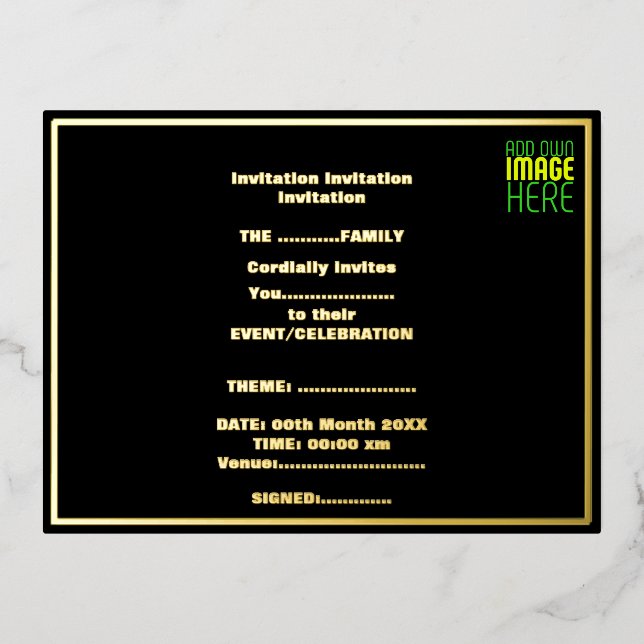 CARTE POSTALE D'INVITATION À FEUILLES D'ALUMINIUM MODÈLE DE TEXTE D'IMAGE NOIRE SIMPLE ET MODERNE (Recto)
