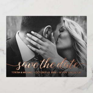 Carte Postale D'invitation À Feuilles D'aluminium Moderne Enregistrer la date Photo Mariage Rose Or