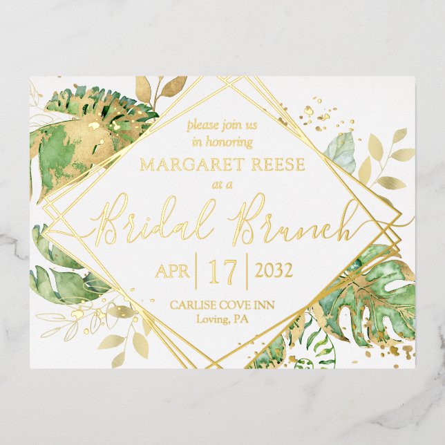 Carte Postale D'invitation À Feuilles D'aluminium Moderne Tropical Bridal Brunch Shower Gold (Recto)