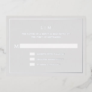 Carte Postale D'invitation À Feuilles D'aluminium Monogramme gris clair simple Mariage élégant RSVP