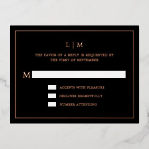 Carte Postale D'invitation À Feuilles D'aluminium Monogramme noir simple mariage élégant RSVP