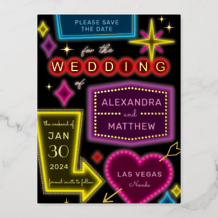 Carte Postale D'invitation À Feuilles D'aluminium Neon Marquee Signs Las Vegas Enregistrer la date