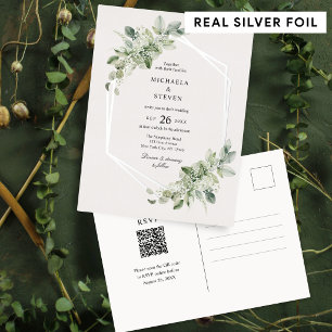 Carte Postale D'invitation À Feuilles D'aluminium Noces Géométriques Rustiques Argent Véritable