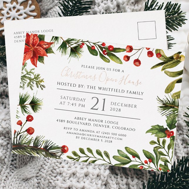 Carte Postale D'invitation À Feuilles D'aluminium Noël Holiday Open House Botanical Rose Gold (Christmas Party Botanical Script Red Berries Open House Invitation Card)