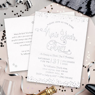 Carte Postale D'invitation À Feuilles D'aluminium Nouvelle Année Script Chic Blanc Argent Réel