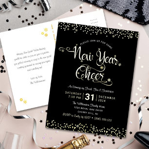 Carte Postale D'invitation À Feuilles D'aluminium Nouvelle Année Script Party Chic Noir Or Véritable
