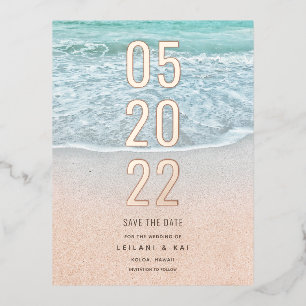 Carte Postale D'invitation À Feuilles D'aluminium Océan tropical et plage de sable Enregistrer la da