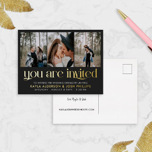 Carte Postale D'invitation À Feuilles D'aluminium Or noir Serif 3 Photos Vous êtes invités Mariage
