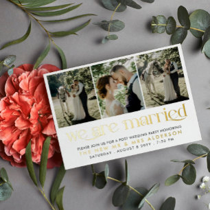Carte Postale D'invitation À Feuilles D'aluminium Photo Or Blanc Nous sommes mariés Fête de mariage