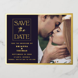 Carte Postale D'invitation À Feuilles D'aluminium Photo simple chic Enregistrer la date Mariage or